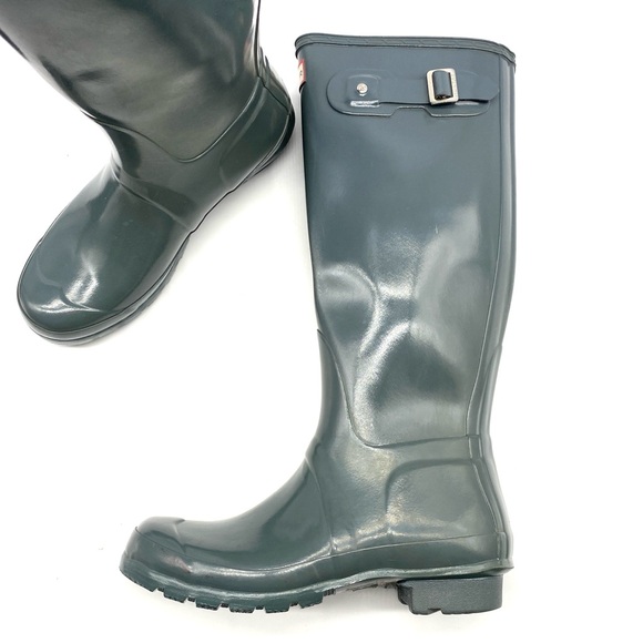 HUNTER TALL GRAY GLOSSY ORIGINAL CLASSIC LOGO RAIN BOOTS LADIES SIZE 7 - Picture 4 of 10